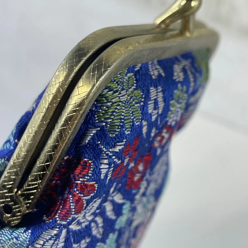 Vintage German Glass‎ Hip Flask Silver Top with Blue Floral Brocade Pouch Case
